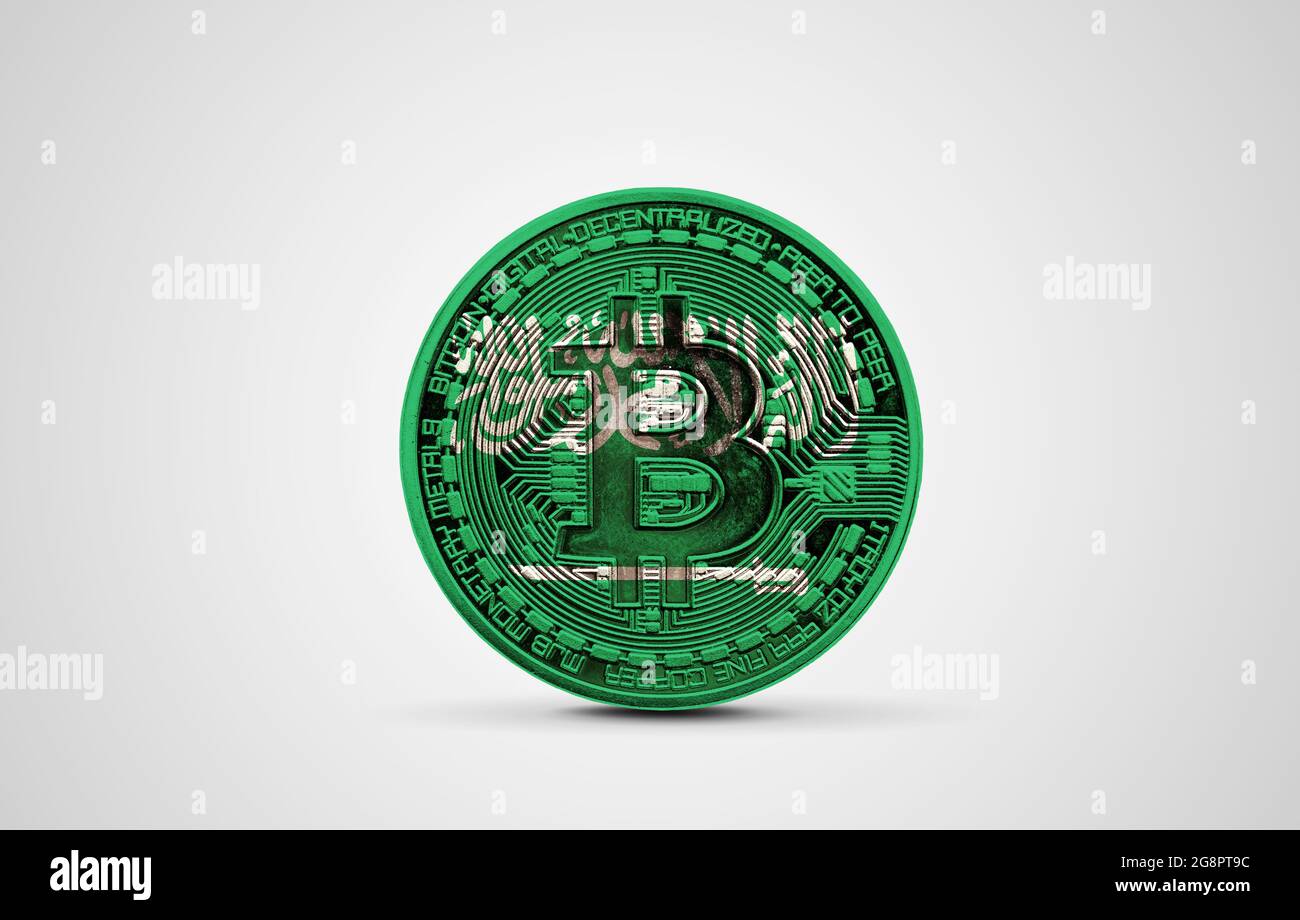 Bandiera dell'Arabia Saudita su una moneta di criptovaluta bitcoin. Rendering 3D Foto Stock