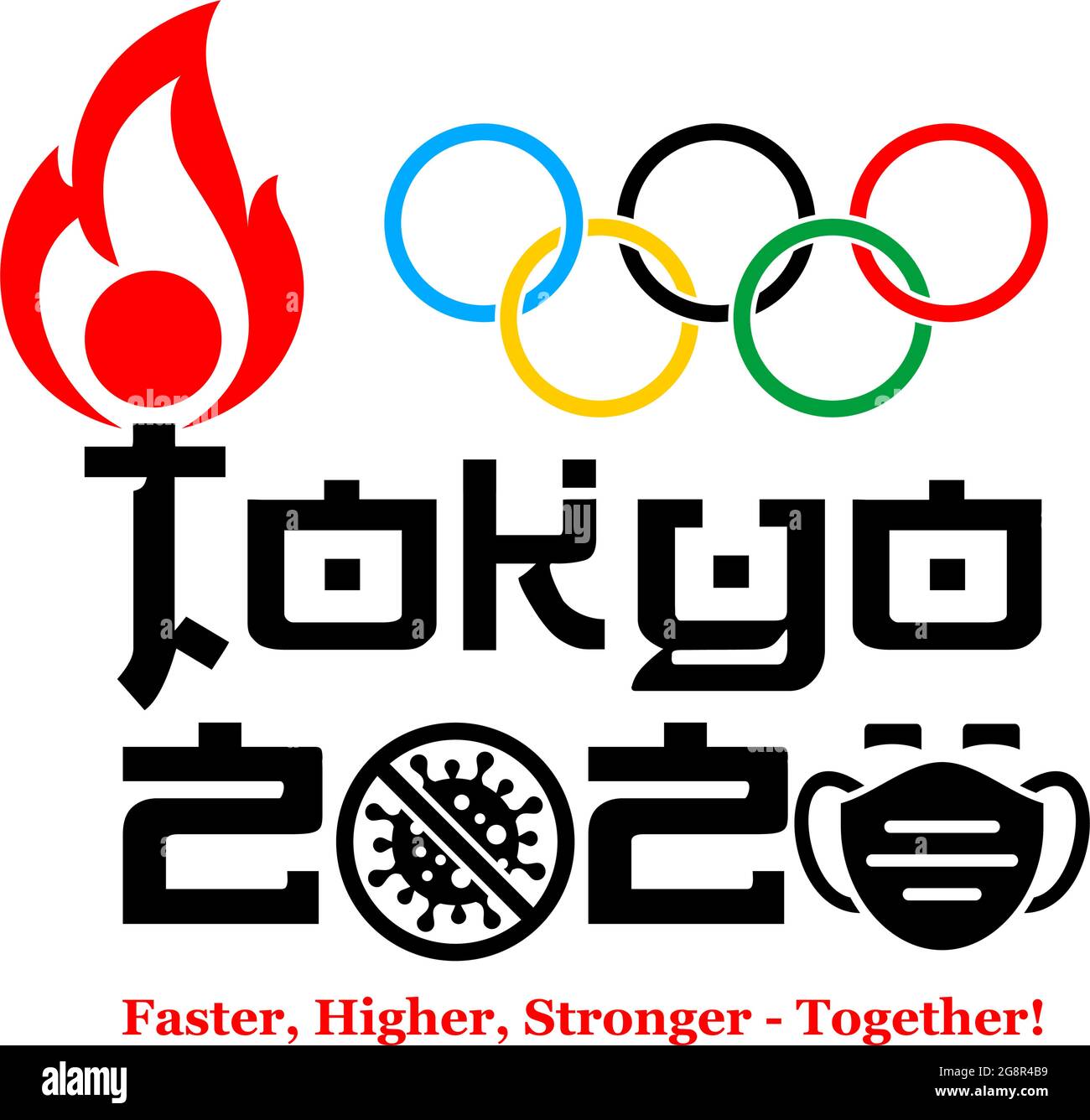 Simbolo dei Giochi Olimpici di Tokyo del 2020. Sicurezza degli eventi sportivi durante la quarantena del coronavirus. Logo vettoriale su sfondo trasparente Illustrazione Vettoriale