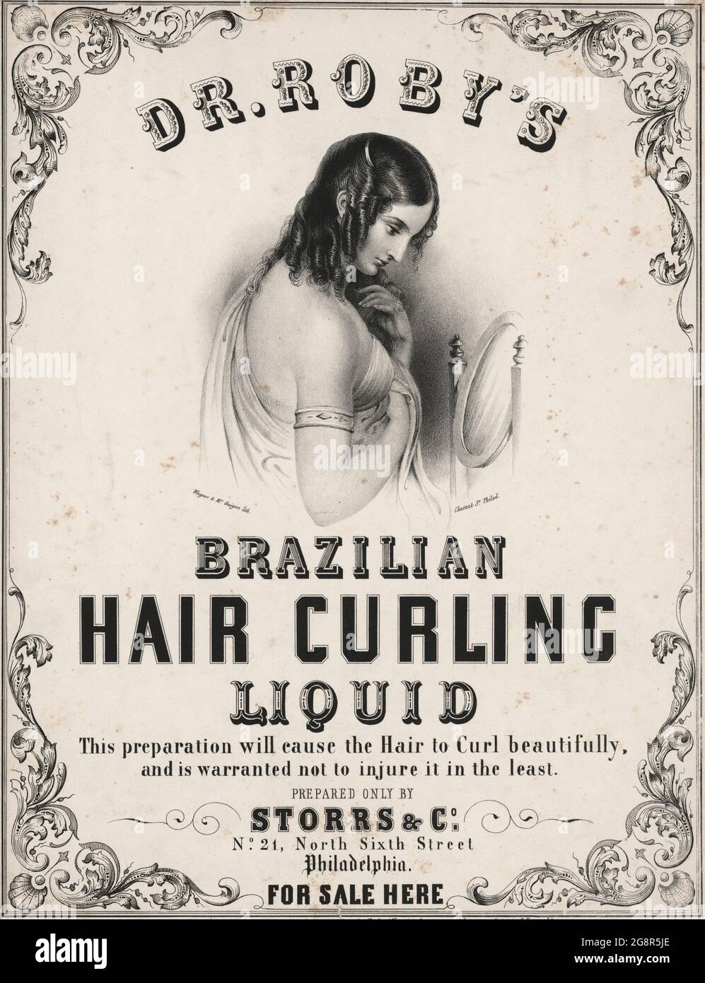 Dr. Roby's brasiliano capelli curling liquido - Pubblicità o scheda di visualizzazione finestra che mostra una donna che guarda in uno specchio, ammirando i ricci nei suoi capelli. Include il testo pubblicitario di un brasiliano capelli curling liquido, 1847 Foto Stock