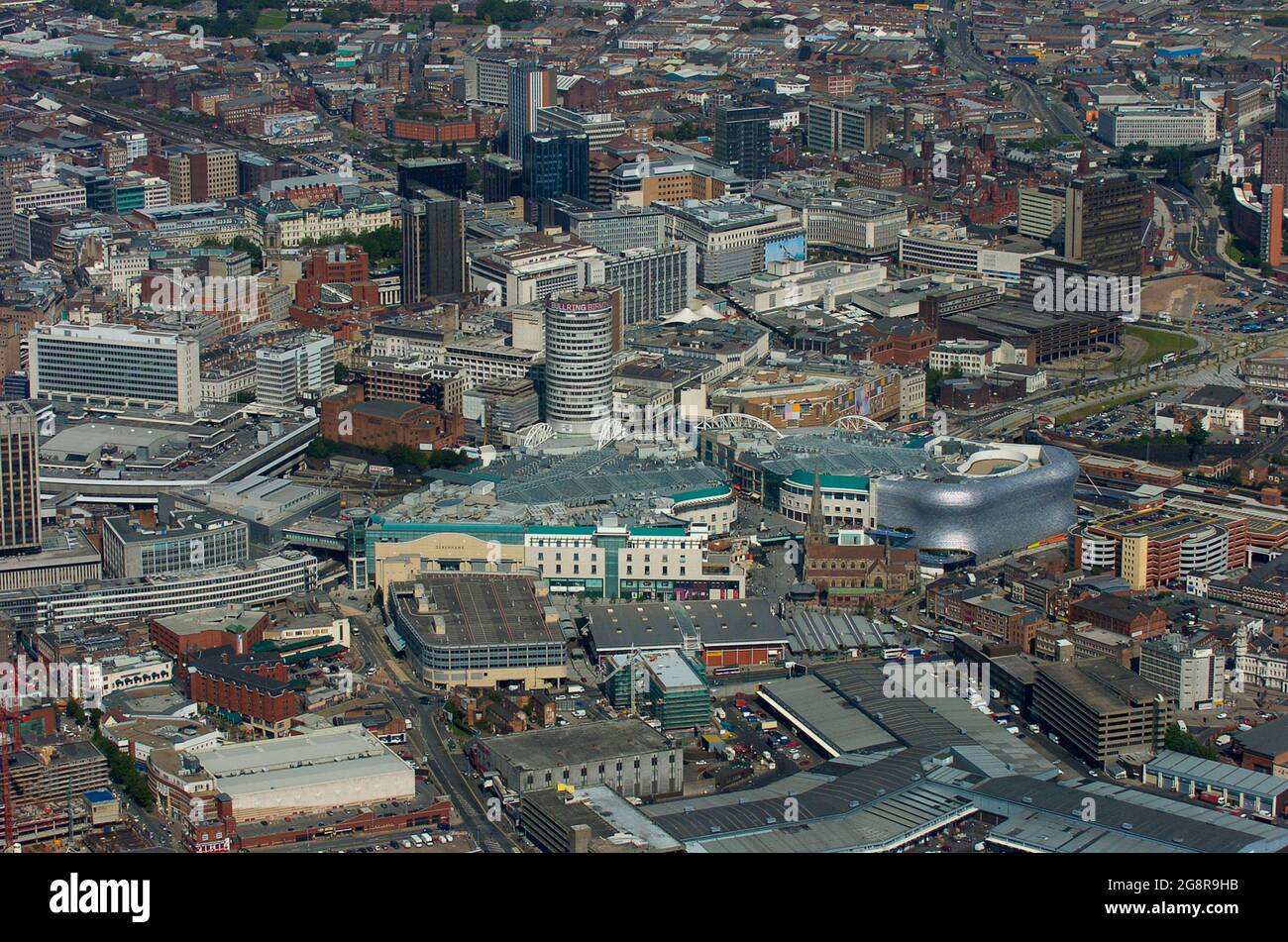Vista aerea di Birmingham che mostra la rotonda e il Centro Shopping Bull Ring Foto Stock