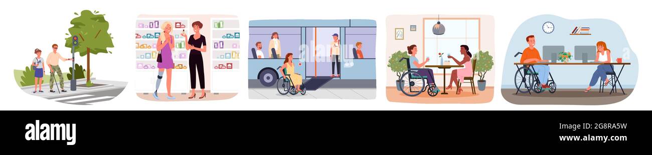 Disabili persone in scene di stile di vita, mondo internazionale disabilità giorno vettore illustrazione set. Donna con protesi e in sedia a rotelle Illustrazione Vettoriale