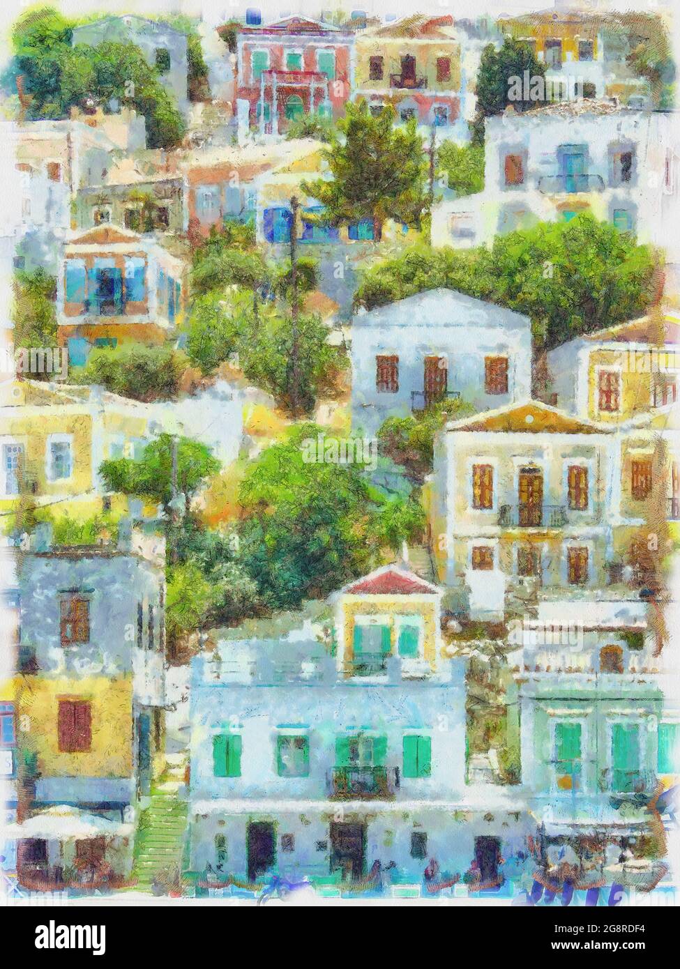 SYMI è un'isola greca e fa parte del gruppo delle isole del Dodecaneso. Si tratta di un dipinto digitale delle case collinari colorate che vedrete lì. Foto Stock