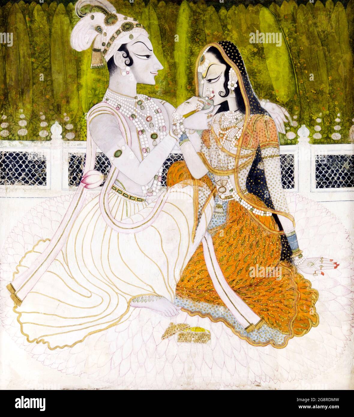 Krishna e Radha, artista sconosciuto, acquerello opaco e oro su cotone, c.. 1750 Foto Stock