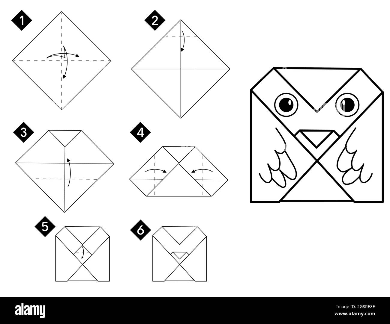 Passo dopo passo come fare semplice origami uccello gufo . Illustrazione delle istruzioni Vector monocromatiche. Fai da te la carta in bianco e nero. Illustrazione Vettoriale