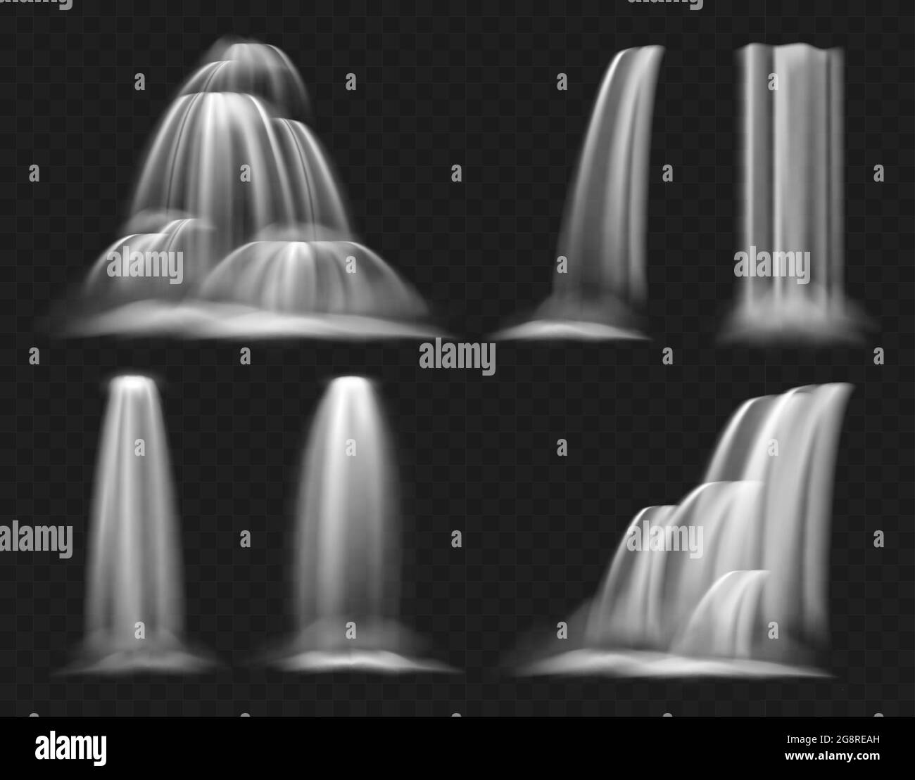 Insieme realistico di illustrazione vettoriale della cascata, il flusso d'acqua chiaro di cascata, geyser o fontana che cade giù, che scorre e che cascata con gli spruzzi Illustrazione Vettoriale