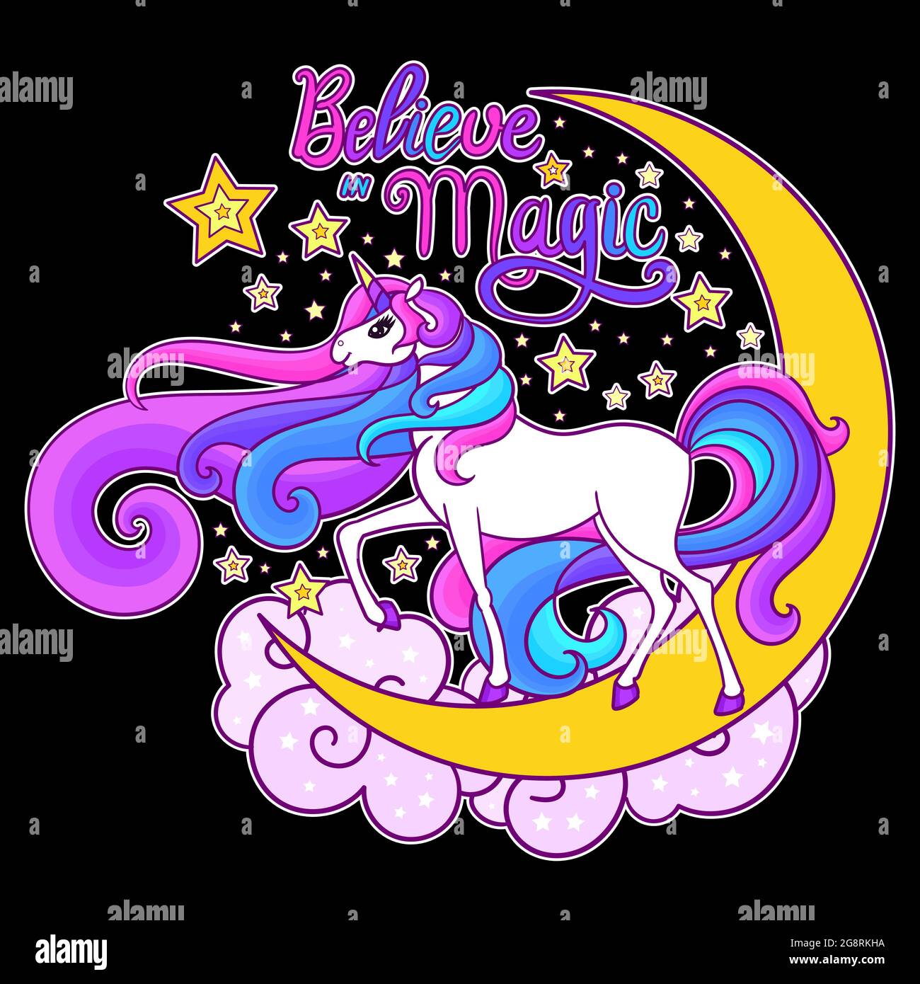 Unicorno bianco arcobaleno con manna lunga sulla luna. Vettore Illustrazione Vettoriale