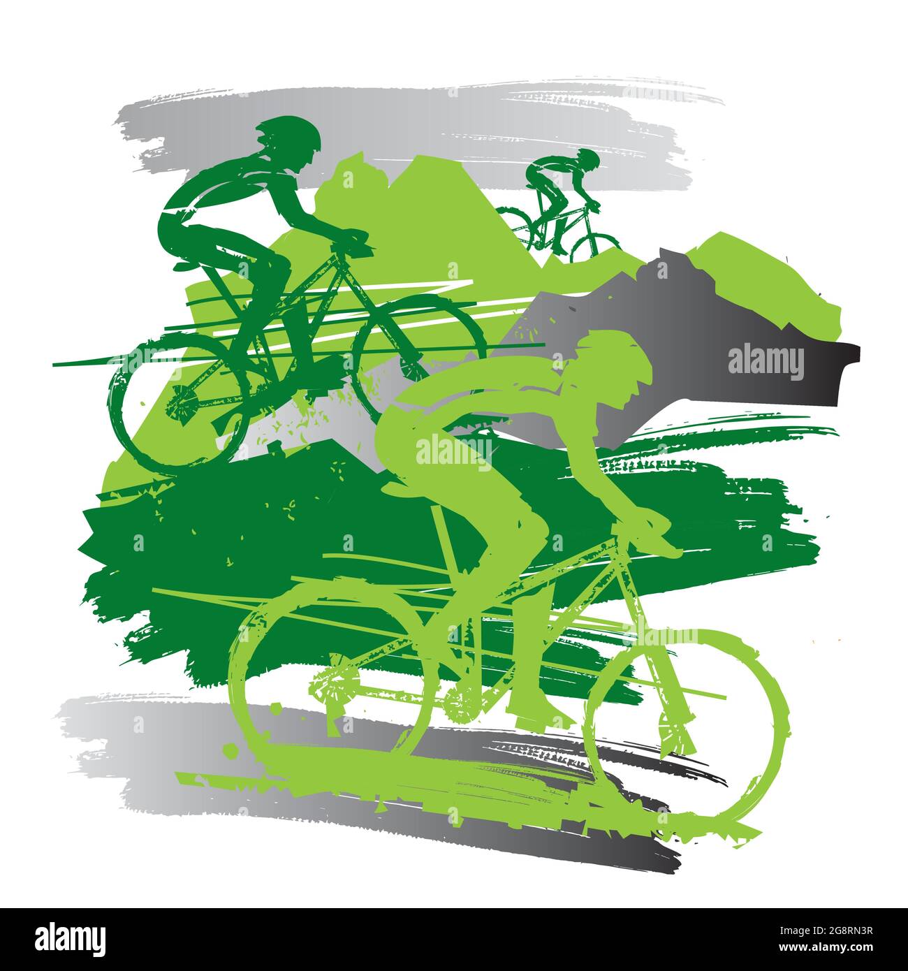 Mountain bike, escursione in montagna. Grunge espressivo illustrazione stilizzata dei ciclisti di mountain bike. Vettore disponibile. Illustrazione Vettoriale