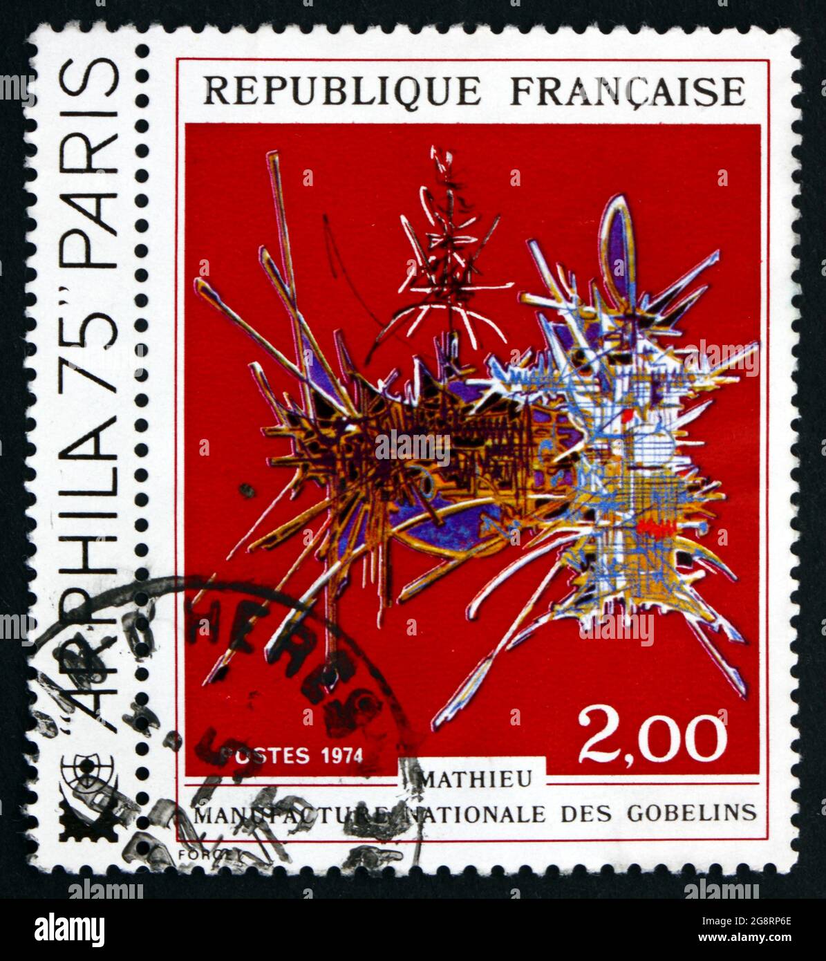 FRANCIA - CIRCA 1974: Un francobollo stampato in Francia mostra in onore di Nicolas Fouquet, arazzo di Georges Mathieu, circa 1974 Foto Stock