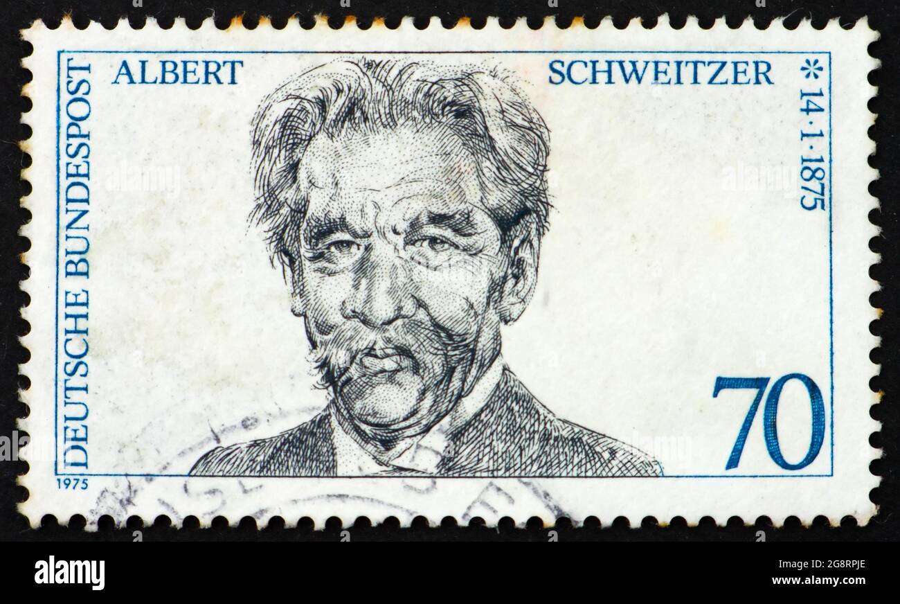 GERMANIA - CIRCA 1975: Un francobollo stampato in Germania mostra il Dr. Albert Schweitzer, missionario medico, fondatore dell'ospedale Albert Schweitzer di Lam Foto Stock