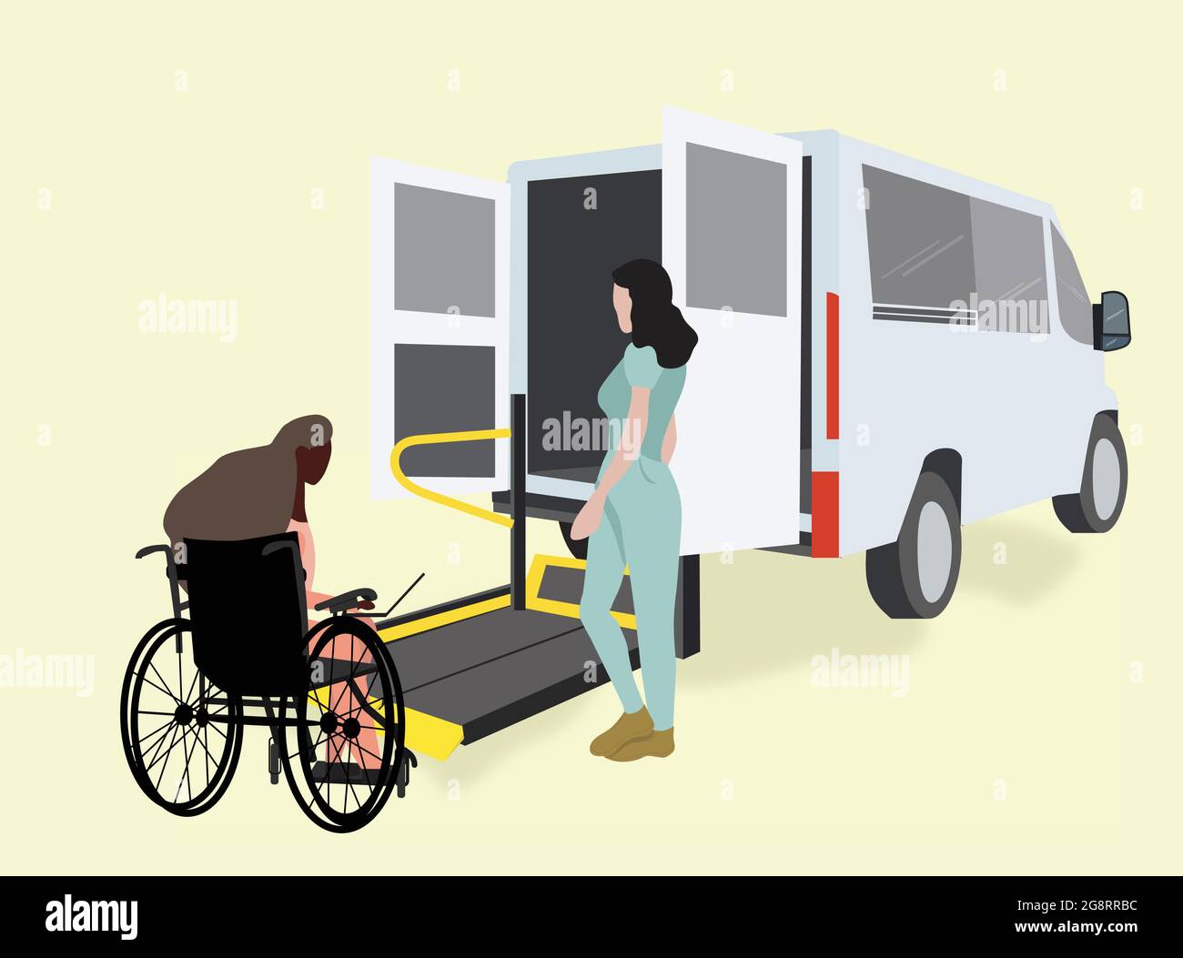 Volontariato aiutare giovane donna disabile in sedia a rotelle, lavorando su computer portatile su sedia a rotelle trasporto accessibile con rampa di accesso per disabili i Illustrazione Vettoriale