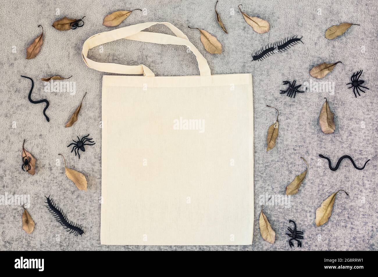sacco di salto, foglie secche, serpenti e ragni su tessuto grigio Foto Stock