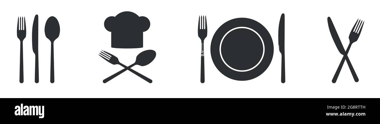 Simboli di coltello a forchetta e cucchiaio diversi ristoranti gastronomici o icone vettoriali di cucina Illustrazione Vettoriale