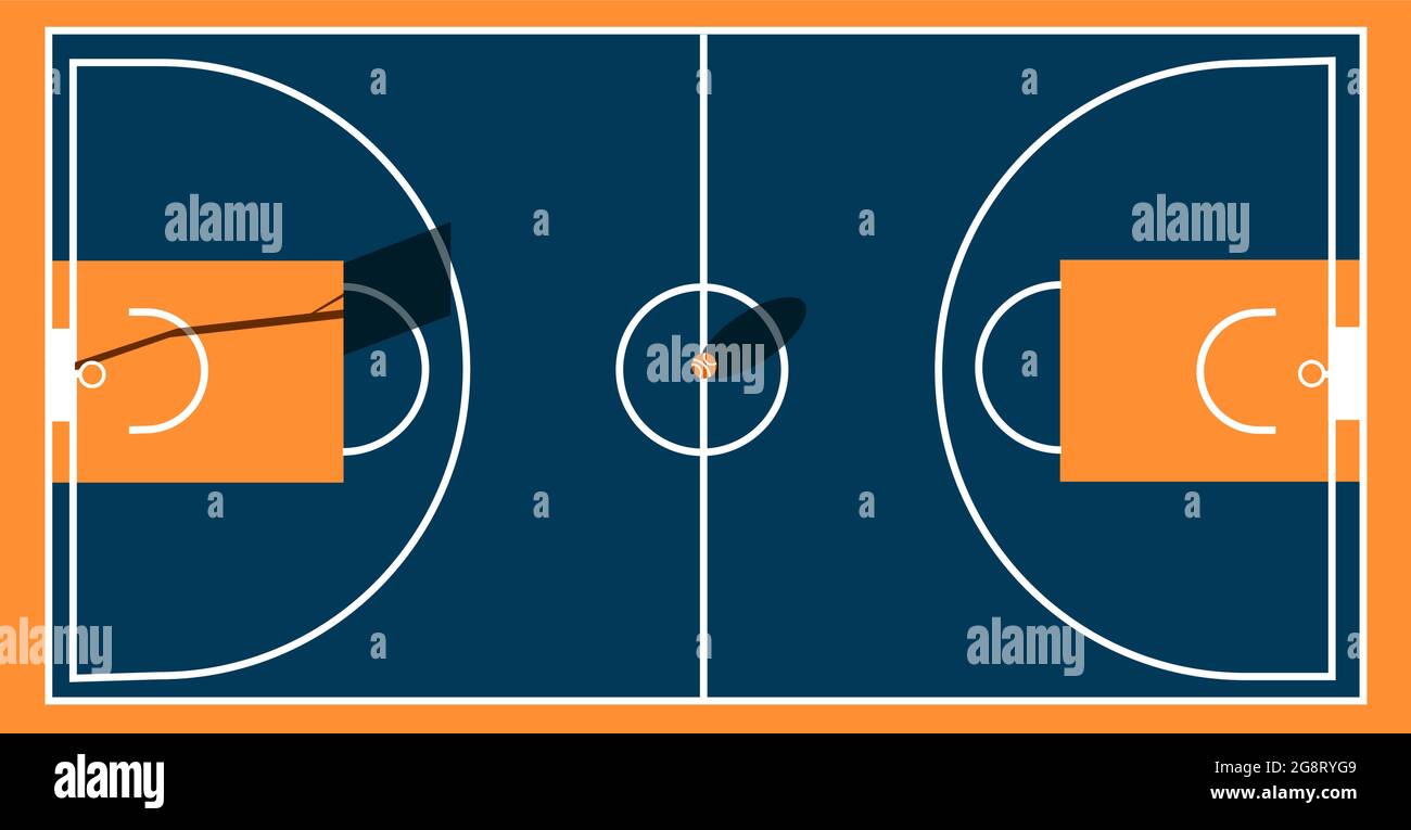 Illustrazione piatta del campo da basket e di una palla con ombra Illustrazione Vettoriale