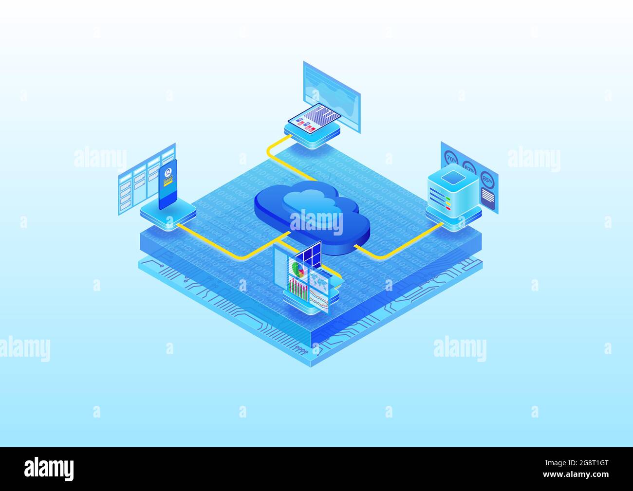Concetto di big data e cloud computing. Analisi dei dati generati da dispositivi quali smartphone e notebook. illustrazione vettoriale isometrica 3d nella Illustrazione Vettoriale