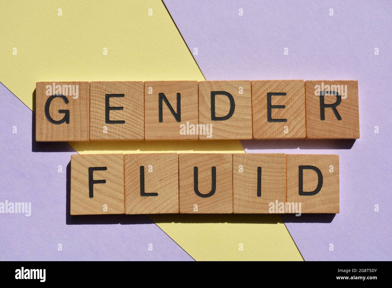 Fluido di genere, parole in lettere alfabetiche in legno isolate sullo sfondo Foto Stock