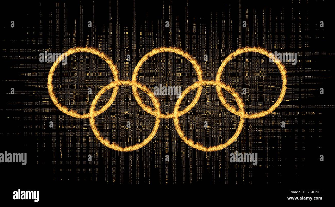 Anelli olimpici dorati realizzati da fiamme fuoco e colori oro in nero sfondo con texture si illumina. Idea creativa idea sportiva Olimpiadi. Foto Stock