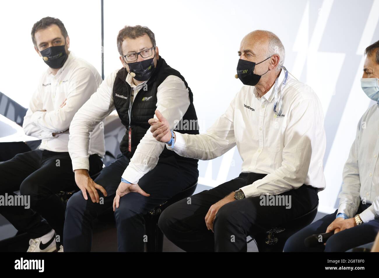 Olivier Jansonnie, direttore tecnico del progetto 9X8 con il direttore marketing di Peugeot Thierry Lonziano, il vice presidente di Stellantis Motorsport Jean Marc Finot e il presidente della FIA Pierre Fillon, ritratto della conferenza stampa Peugeot 9X8 durante la 6 ore di Monza, 3° round del Campionato Mondiale FIA Endurance 2021, FIA WEC, Sull'Autodromo Nazionale di Monza, dal 16 al 18 luglio 2021 a Monza, Italia - Foto Francois Flamand / DPPI Foto Stock