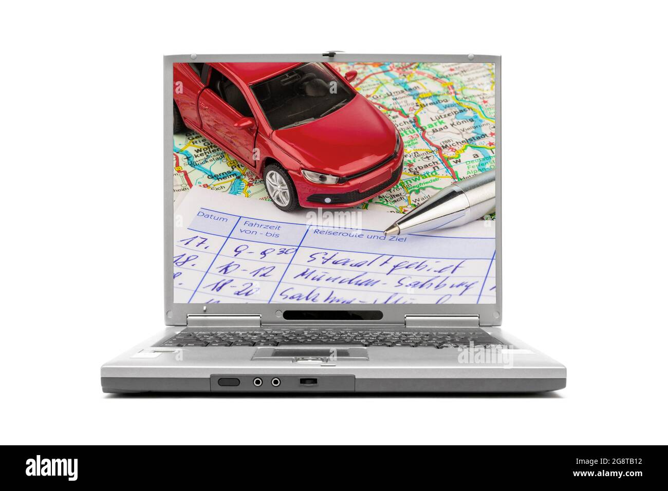 Auto, mappa stradale e logbook su un display portatile Foto Stock