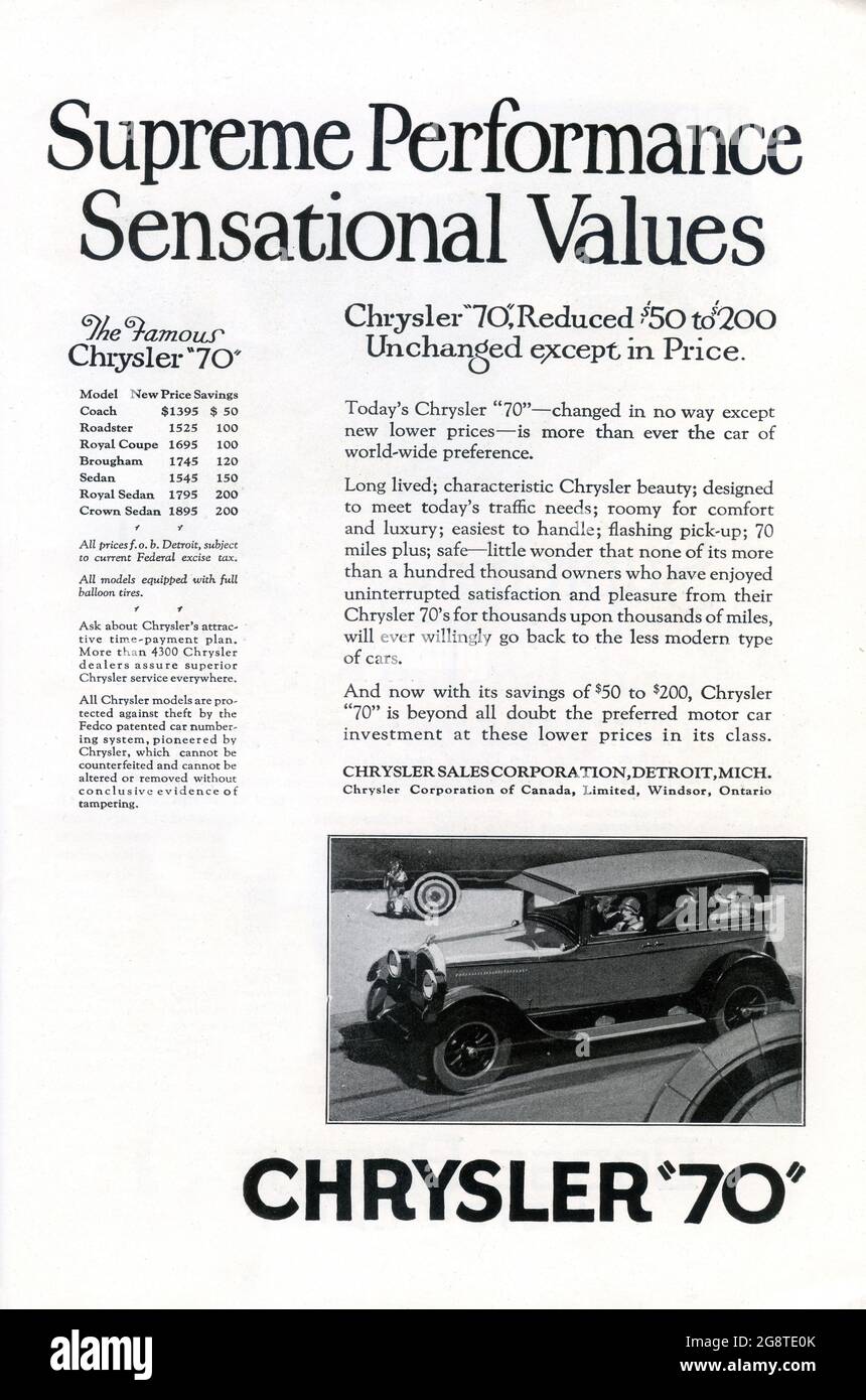 1926 Pubblicità auto Chrysler Foto Stock