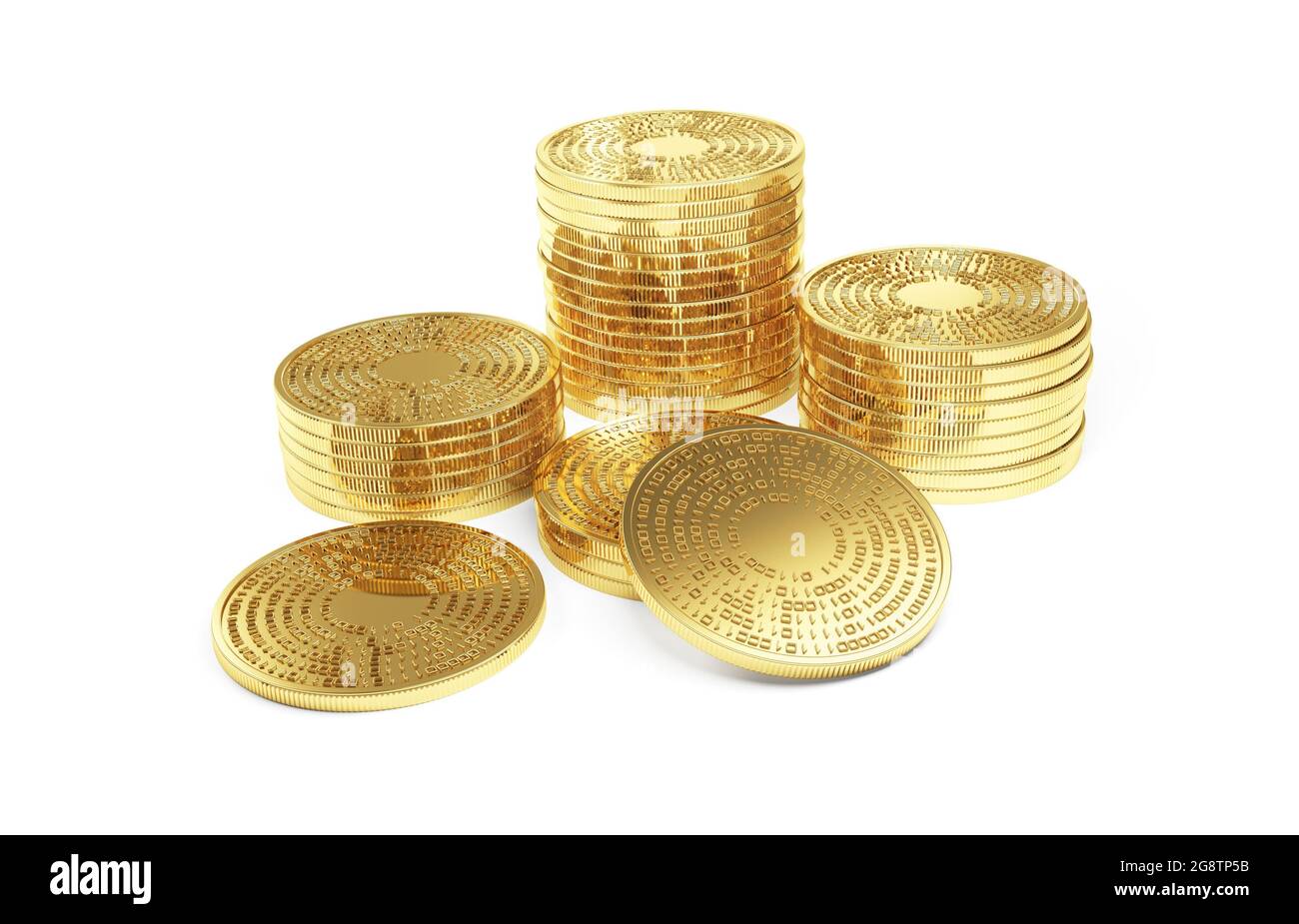 Criptovaluta. Monete d'oro isolate su sfondo bianco. Concetto di valuta digitale. illustrazione 3d. Binario. Foto Stock