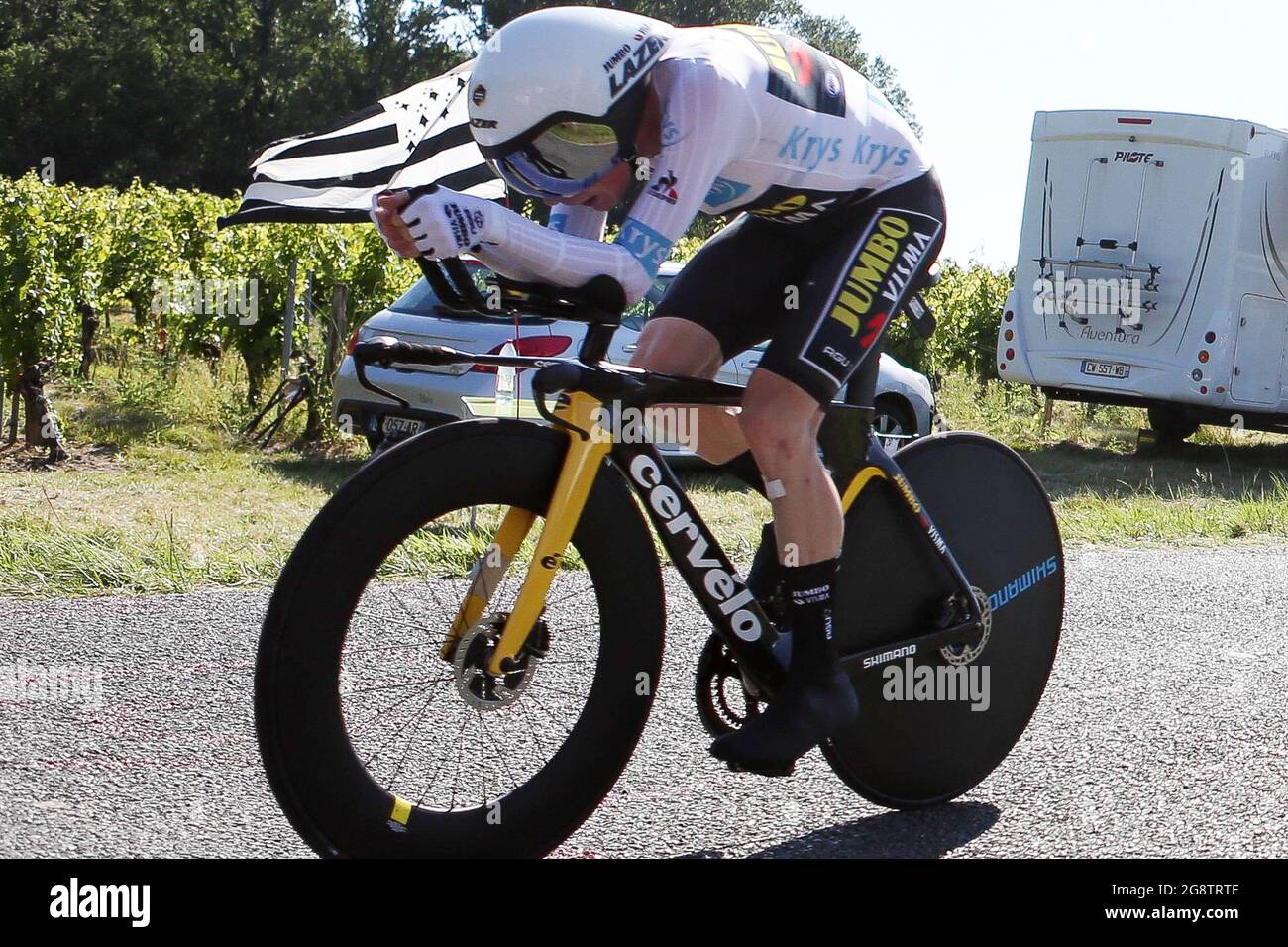 Jonas Wingegaard di Jumbo - Visma durante il Tour de France 2021, gara ciclistica tappa 20, prova a tempo, Libourne - Saint Emilion (30,8 km) il July17, 2021 a Lussac, Francia - Foto Laurent Lairys / DPPI Foto Stock