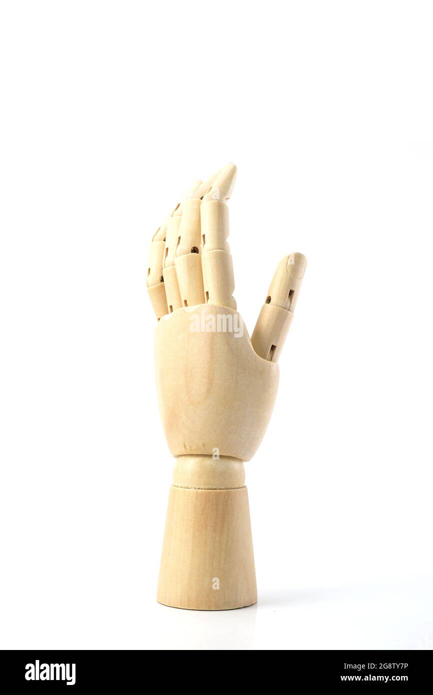 Mano di legno isolata su sfondo bianco Foto Stock