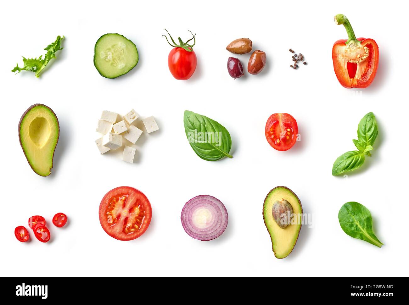 varia raccolta di ingredienti di insalata vegetale isolato su sfondo bianco, vista dall'alto Foto Stock