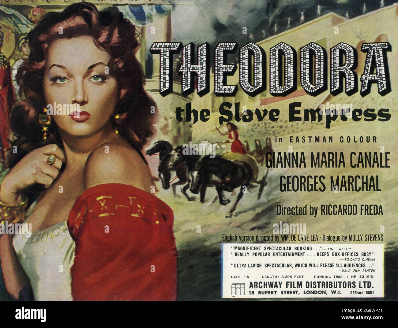 British Trade ad per la versione inglese doppiata DI GIANNA MARIA CANALE e GEORGES MARCHAL a THEODORA LA SCHIAVA IMPERATRICE/TEODORA, IMPERATRICE DI BISANZIO 1954 regista RICCARDO FREDA storia Andre Paul Antoine e Riccardo Freda disegno in costume Veniero Colasanti Ferraniacolor Italia - Francia co-produzione Lux Film / Lux compagnie Cinematographique de France / Archway Film Distributors Ltd Foto Stock