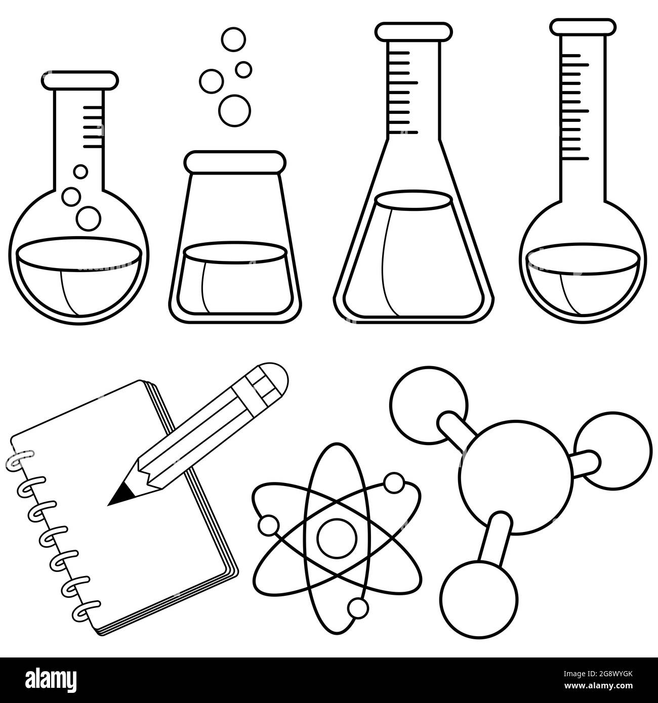 Scienza e chimica. Apparecchiature scolastiche di scienze, biologia o chimica. Provette per test e note per il progetto scientifico degli studenti Foto Stock