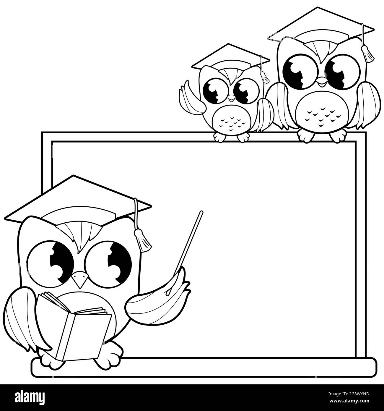 Owl insegnante e studenti in classe scolastica. Professore che insegna davanti alla lavagna. Pagina del libro da colorare in bianco e nero Foto Stock