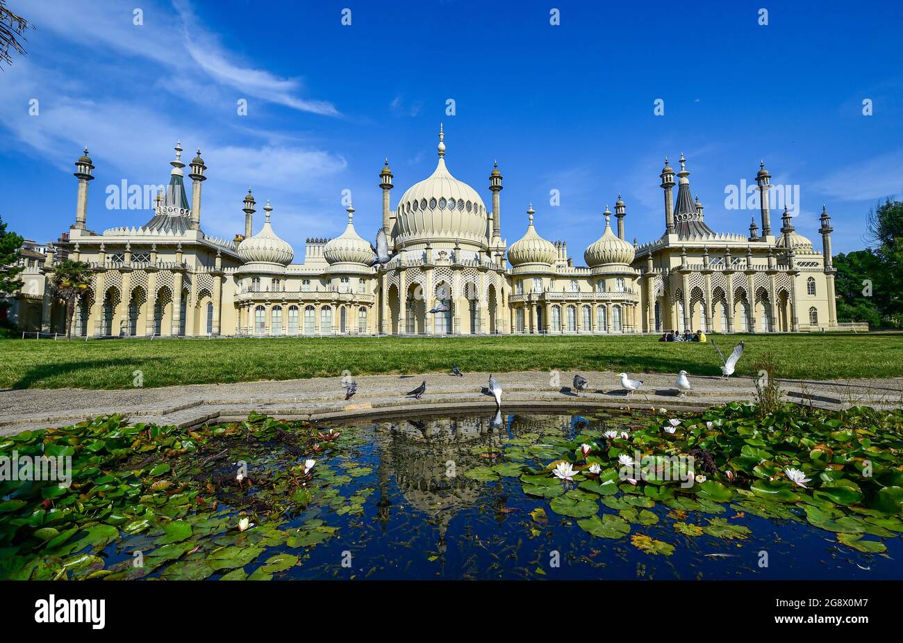 Brighton UK 23 luglio 2021 - Seagulls e piccioni prendere un drink da uno stagno presso il Royal Pavilion a Brighton in una bella mattina di sole, ma il tempo è previsto per diventare più fresco e più inregolato durante il fine settimana con avvertimenti di flash inondazioni per alcune aree : Credit Simon Dack / Alamy Live News Foto Stock