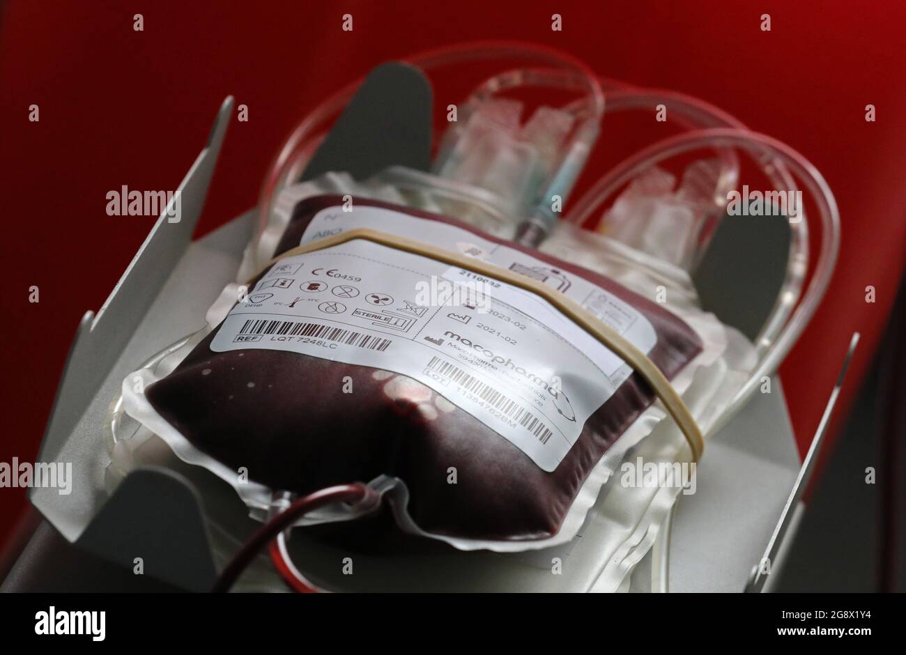 22 luglio 2021, Meclemburgo-Pomerania occidentale, Rostock: Nella donazione di sangue del Centro medico Universitario, il sangue fluisce in una banca del sangue quando viene effettuata una donazione. Il Centro medico universitario rivolge un appello alla popolazione con una richiesta di donazioni di sangue. A causa della carenza acuta di donazioni di sangue, le operazioni devono essere rinviate ogni giorno, la crisi di Corona ha esacerbato al massimo la normalità per una carenza di sangue estiva. Foto: Bernd Wüstneck/dpa-Zentralbild/ZB Foto Stock