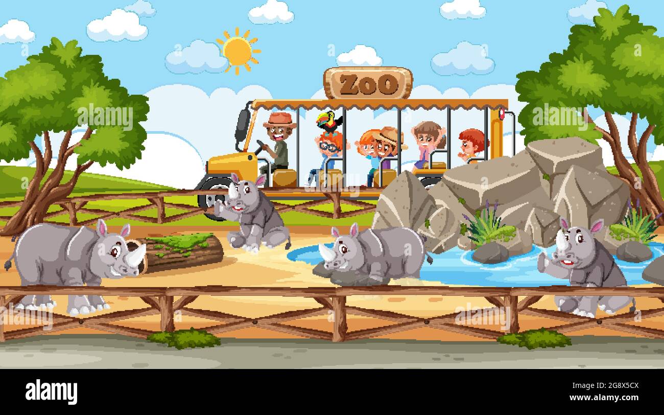 Safari in scena di giorno con molti bambini che guardano l'illustrazione del gruppo dei rinoceronti Illustrazione Vettoriale
