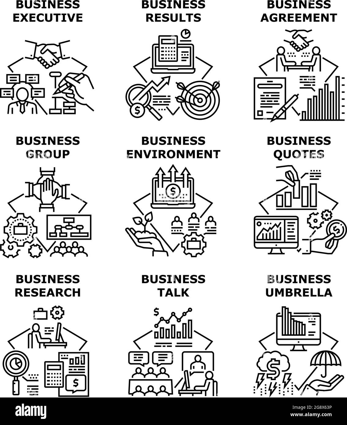 Business Research Set icone illustrazioni vettoriali Illustrazione Vettoriale