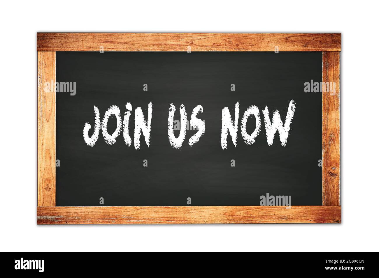 UNISCITI a noi ora testo scritto su black wooden frame School lavagna. Foto Stock