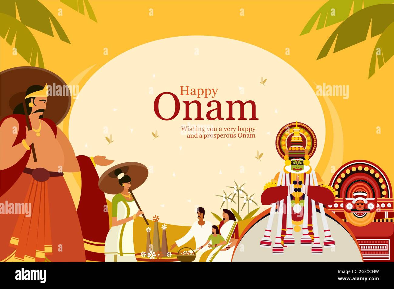 Sfondo del festival Onam con King Mahabali e forme d'arte tradizionali. Onam è un festival di raccolto in Kerala, India Illustrazione Vettoriale