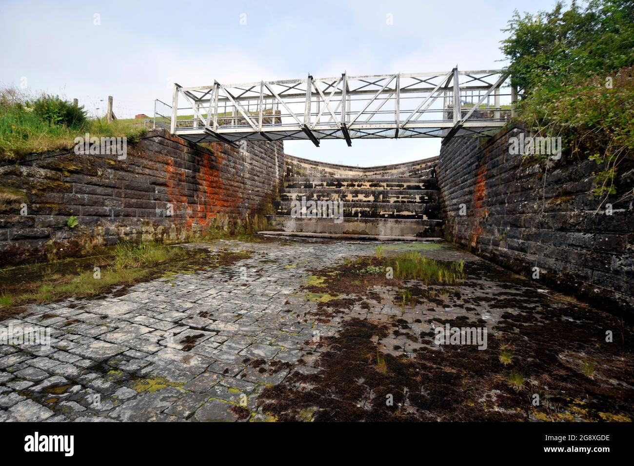 Il tempo insolitamente caldo causa i livelli dell'acqua per cadere al serbatoio di Camphill, l'Ayrshire del Nord, la Scozia, la fonte per quasi tutte le zone acqua dolce. Foto Stock