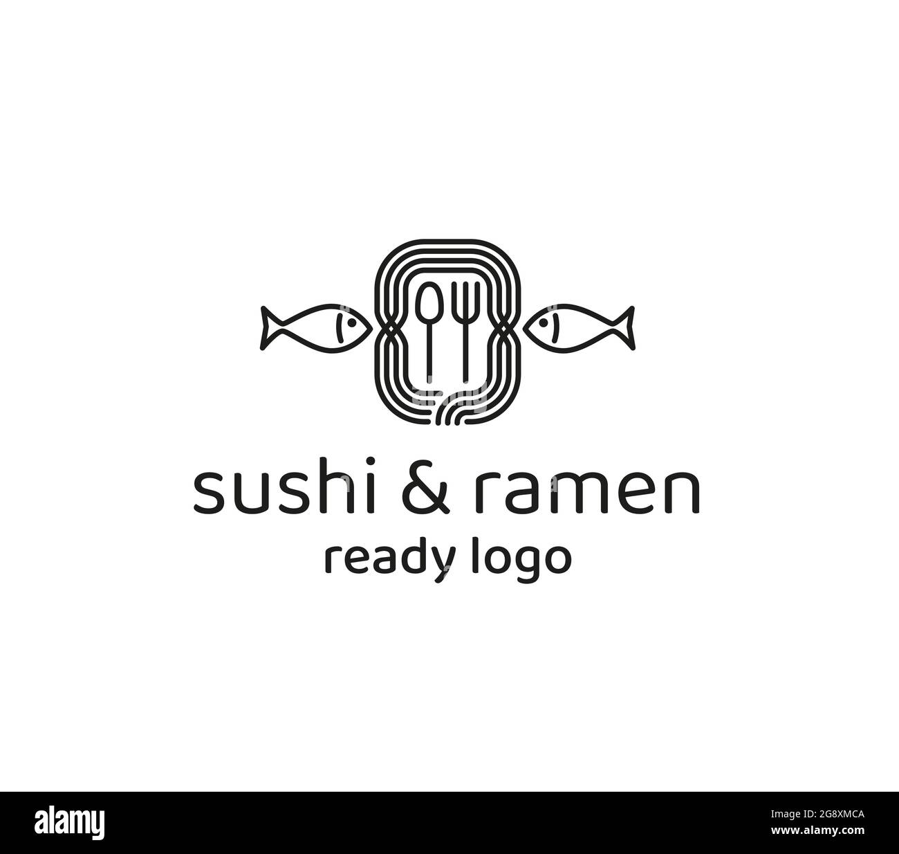 Sushi pronto e ramen bar con logo minimalista. Bianco e nero Illustrazione Vettoriale