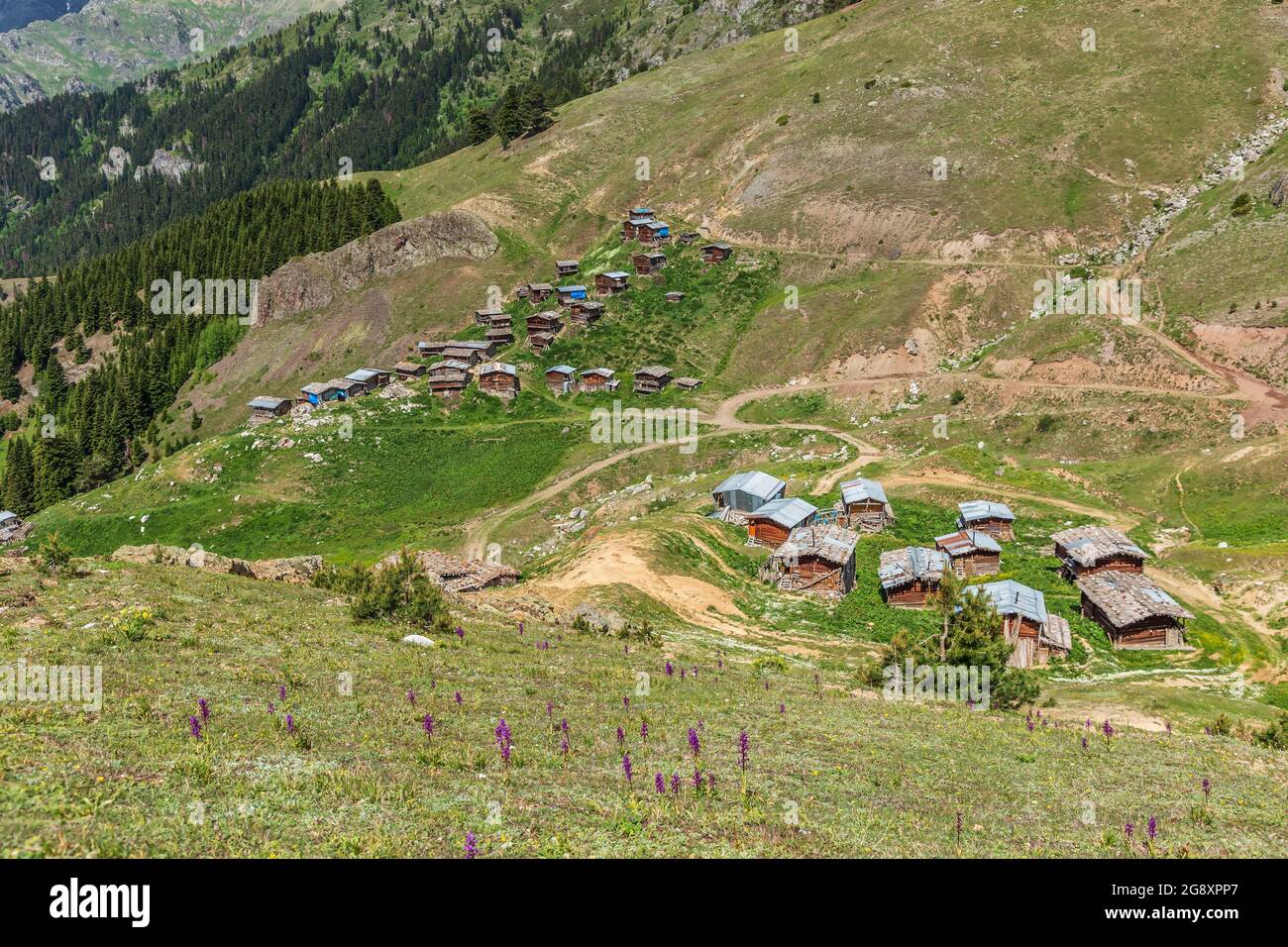 Un villaggio georgiano di montagna sulle pendici del monte Karçal, Cancır. Le magnifiche case di Cancr in architettura di legno Foto Stock