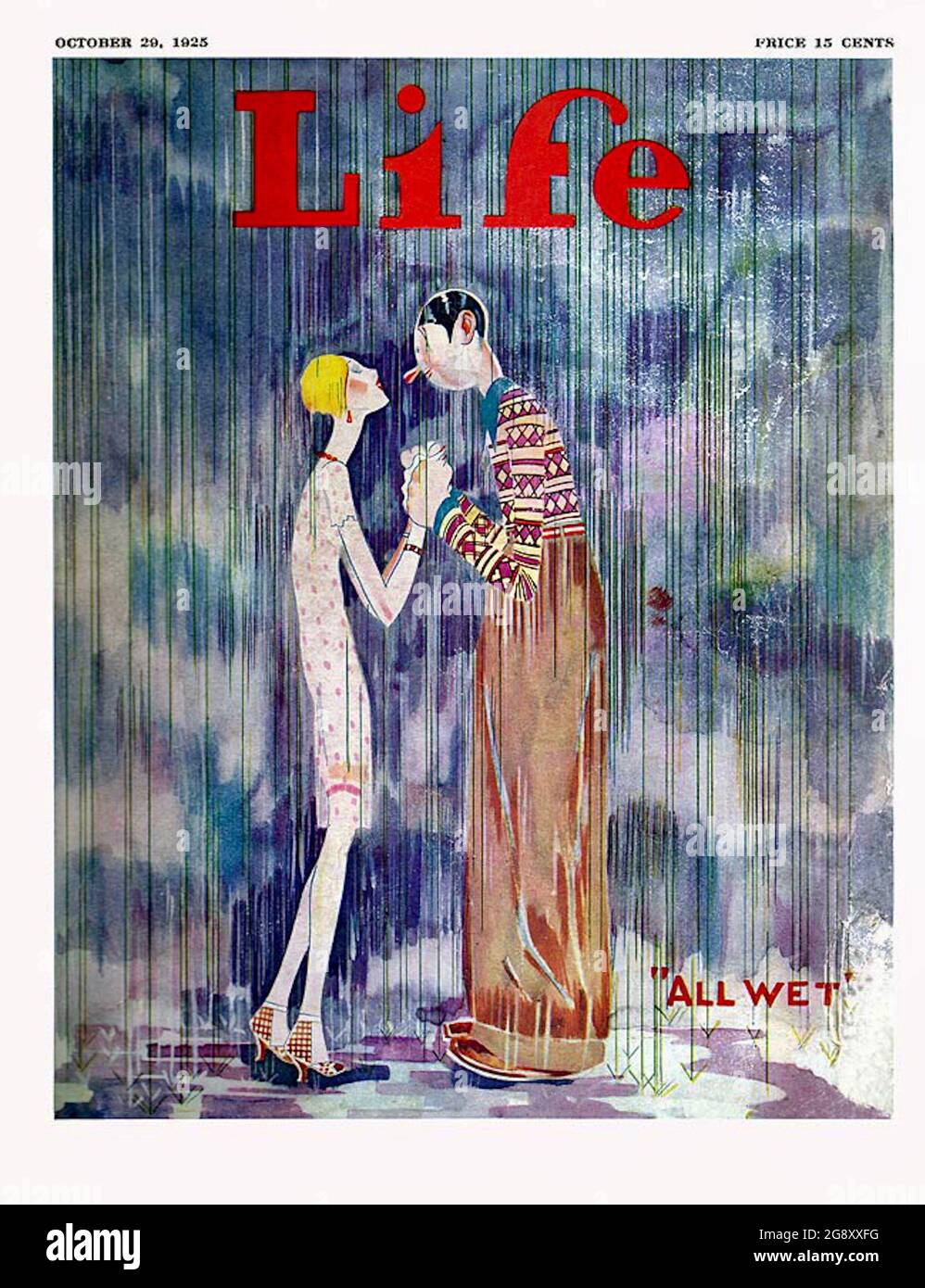 John Hold Jnr - Life Magazine Cover - Ottobre 1925 - Love in the Rain - Coppia che tiene le mani sotto la pioggia. Foto Stock