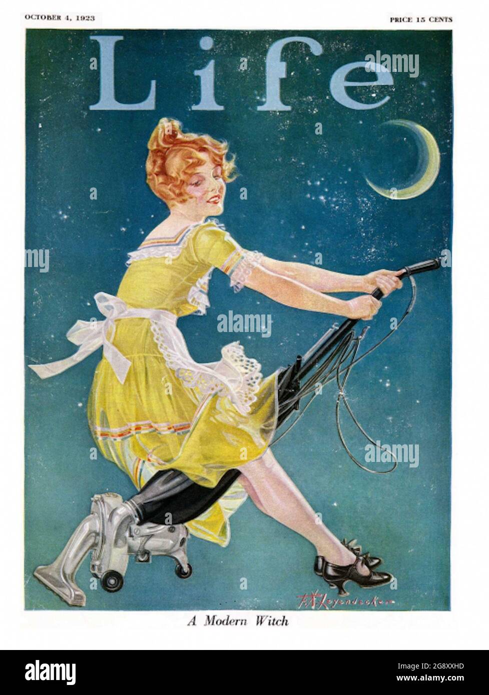 Life Magazine copertina opera di Frank Xavier Leyendecker intitolata A Modern Witch - Woman cavalca un aspirapolvere attraverso il cielo notturno. Foto Stock