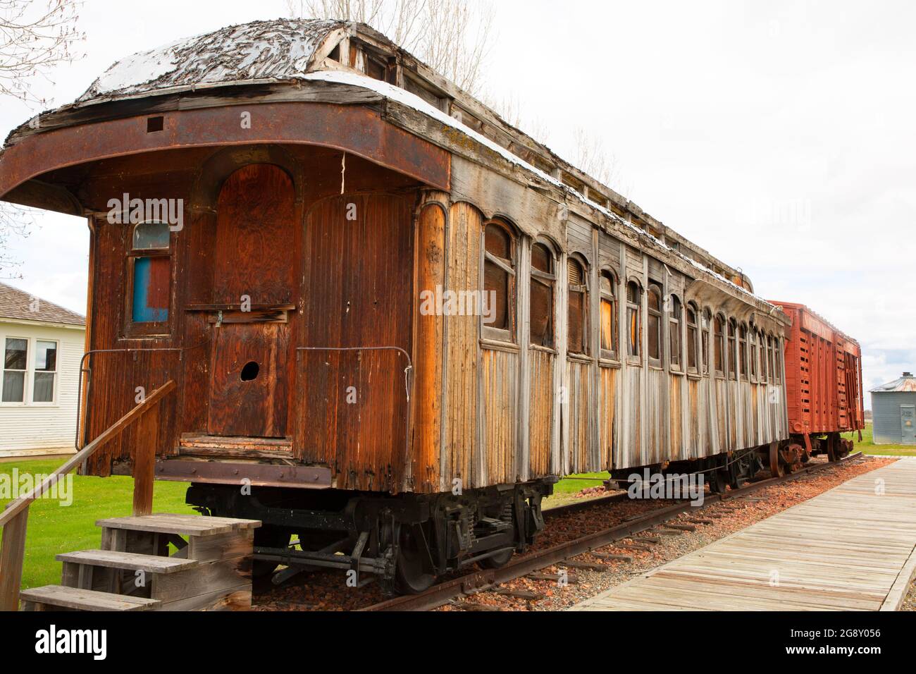 Caboose d'antiquariato, Big Horn County Historical Museum, Hardin, Montana Foto Stock