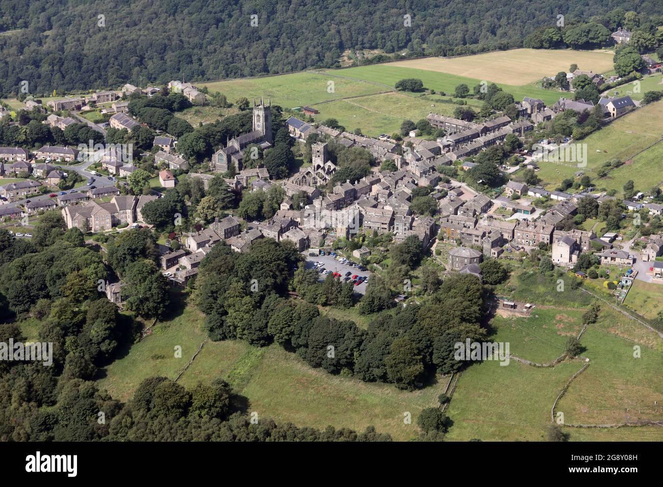 Veduta aerea del villaggio di Heptonstall, vicino a Hebden Bridge, West Yorkshire Foto Stock