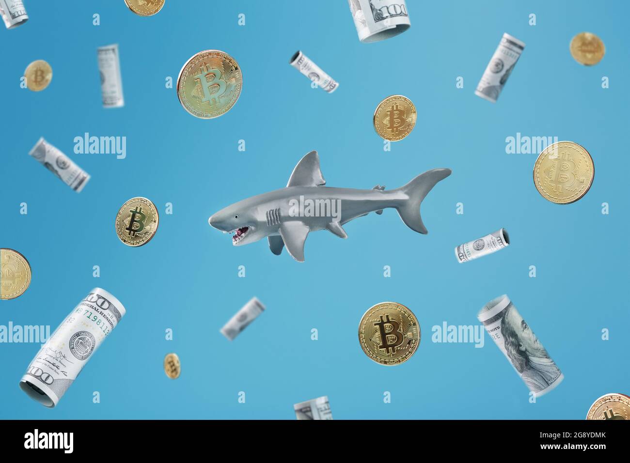 Uno squalo di denaro al centro circondato da dollari e monete di bit su sfondo blu. Immagine metaforica concettuale degli squali pericolosi in Forex Busine Foto Stock