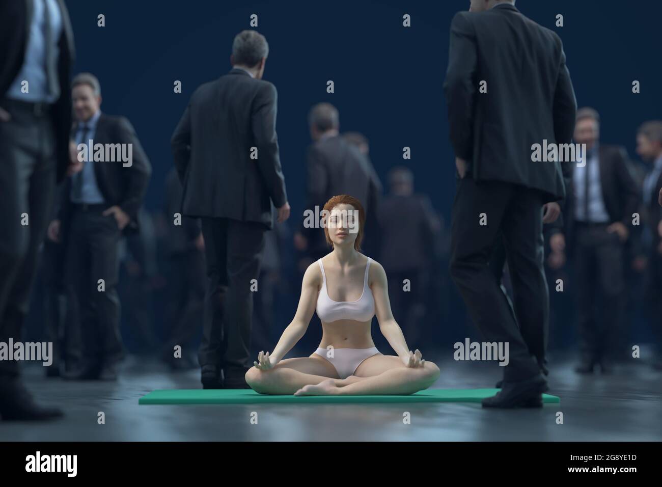 donna medita in una folla di uomini d'affari Foto Stock