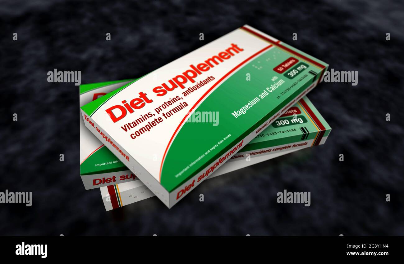 Confezione di integratori alimentari. Confezione di pillole di vitamina per la salute. Illustrazione del rendering 3d del concetto astratto. Foto Stock