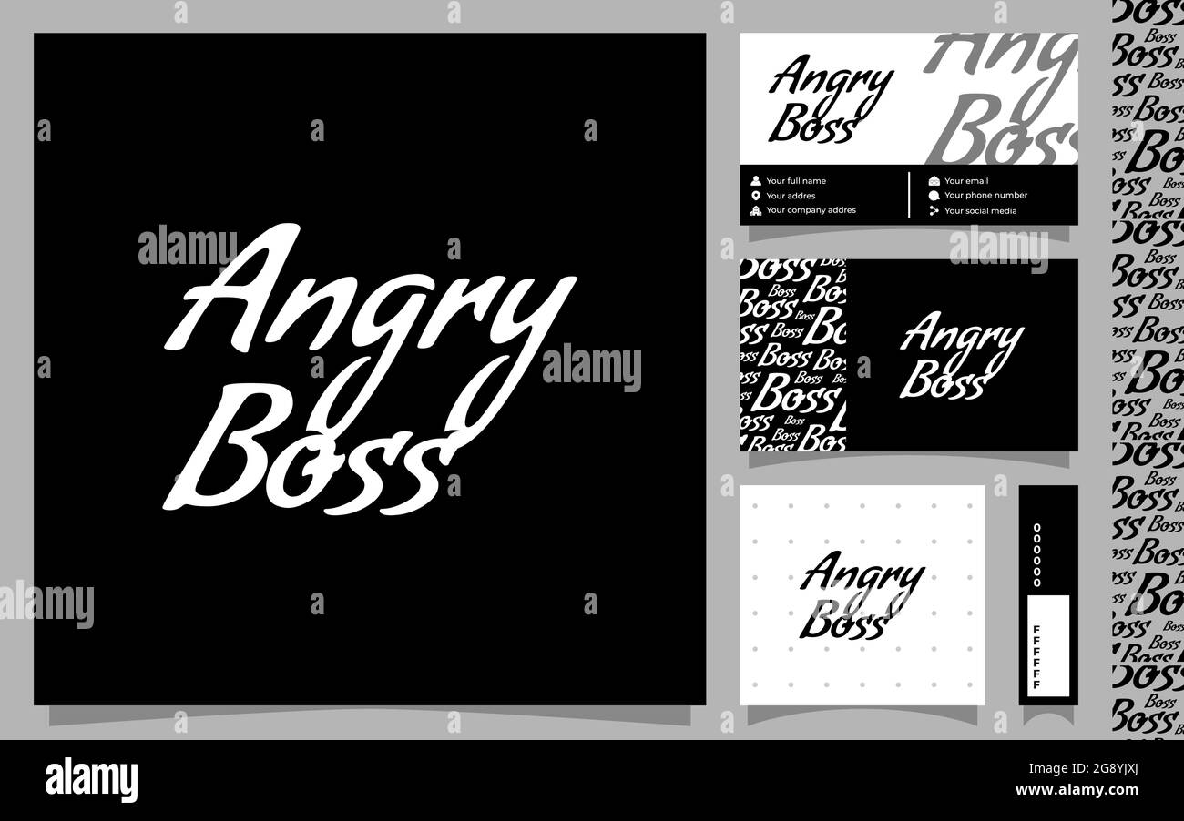 Angry Boss, modello di logotipo minimalismo con biglietto da visita ed elementi di modello senza giunture isolati su sfondo bianco Illustrazione Vettoriale