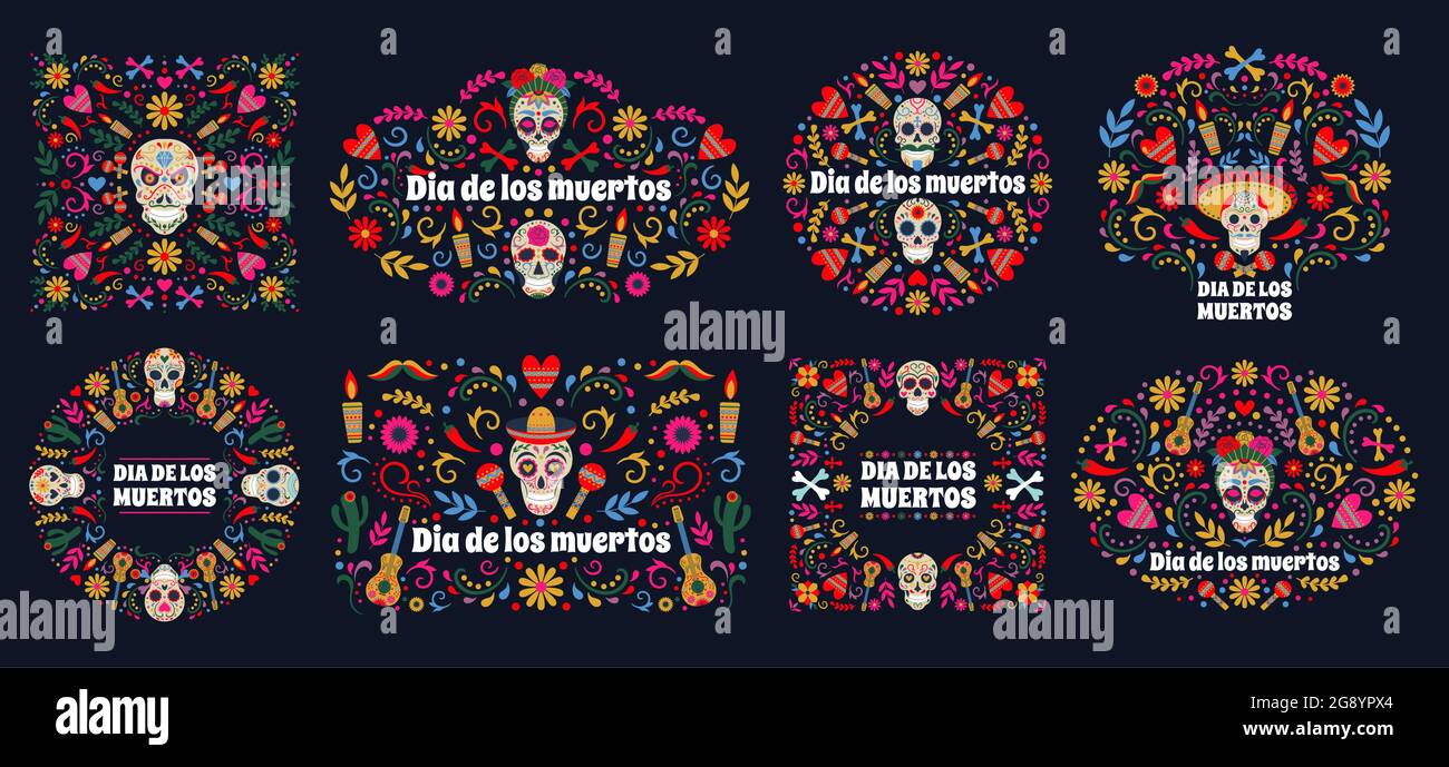 Banner dia de Los muertos. Giorno della morte messicano zucchero umano testa ossa e fiori vettore sfondo set. Carte messicane per le vacanze dei giorni morti Illustrazione Vettoriale