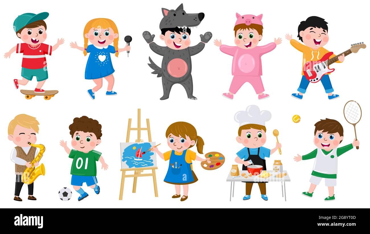 Cartone animato bambini hobby. Bambini creativo musical, recitazione,  disegno, danza hobby, scuola o prescolare bambini attività vettoriale set  di illustrazione. Carino Immagine e Vettoriale - Alamy