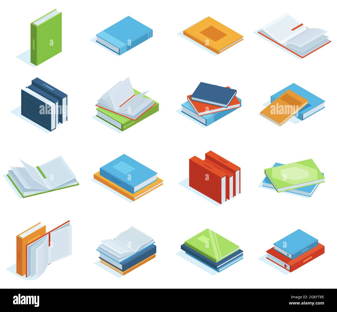 Libri isometrici. Libri di libreria o di biblioteca, opuscoli di formazione, enciclopedia, libri di testo o serie di illustrazioni vettoriali di letteratura classica. Scuola Illustrazione Vettoriale